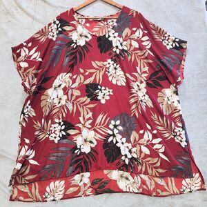 Catherine's Red Floral V Neck Dolman Sleeve Georgette Top Size 3X Feminine Flowy
